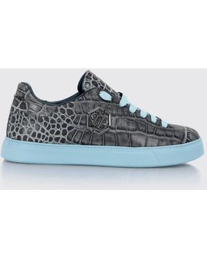 Philipp Plein Low-Top-Sneakers Aus Leder Mit Kroko-Print Und Hexagon-Logo - Blau