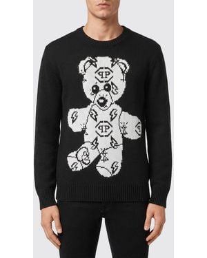 Philipp Plein Wool And Cotton Blend Crewneck Sweater With Teddy Bear Front Print - Black
