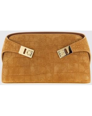 Ferragamo Hug Croc-Print Suede Bag - Brown