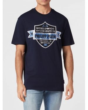Philipp Plein Embroidered Rhinestone Logo Cotton T-Shirt - Blue