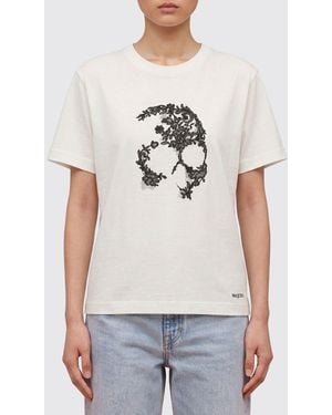 McQueen Crew Neck Cotton T-Shirt With Skull Print - Grey
