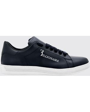 Billionaire Smooth Leather Low-Top Trainers With Printed Logo And Padded Ankle - Blue