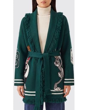 Alanui Disney Print Virgin Wool Robe Cardigan With Fringed Edges - Green