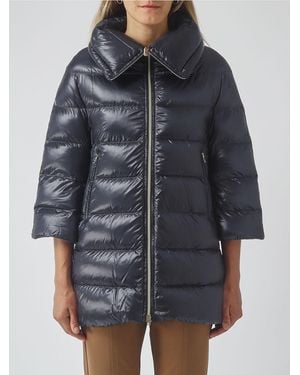 Herno Langer Daunenmantel Aus Gestepptem Nylon Mit Trichterkragen Und Reißverschluss - Blau