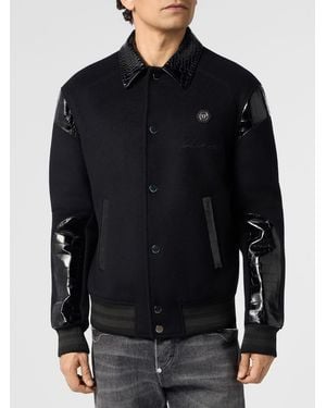 Philipp Plein Coster Wool And Leather Bomber Jacket With Monogram And Crocodile Effect - Blue