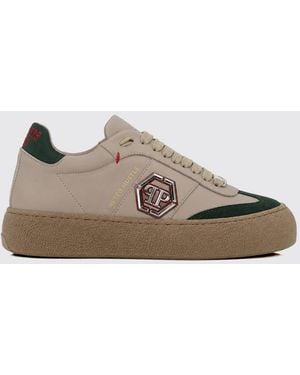 Philipp Plein Retro Hustle Monogram Leather Low-Top Sneakers With Platform Sole - Natural