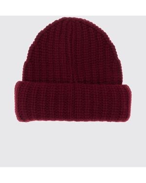 Lisa Yang Ribbed 100% Cashmere Beanie Hat With Turn-Up Cuff - Red