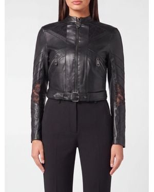 Philipp Plein Nappa Leather And Lace Crop Biker Jacket - Black