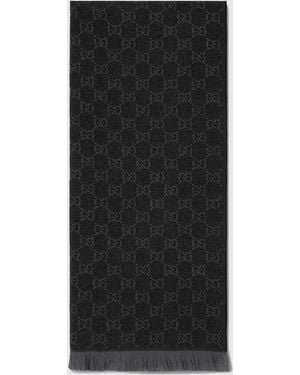 Gucci Gg Monogram Jacquard Wool Scarf With Fringed Edges - Black