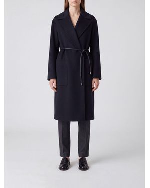 Sportmax Long Virgin Wool Robe Coat With Leather Belt - Blue