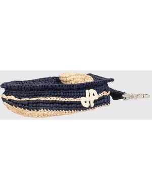 Patou Bicolor Crochet Raffia Keychain With Embroidered Logo - Blue