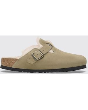 Birkenstock Boston Suede Mules With Shearling Lining And A Round Toe - White