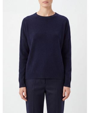 Kujten 100% Cashmere Crewneck Jumper With Long Sleeves And Ribbed Trims - Blue