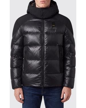 Blauer Gesteppte Nylon-Daunenjacke Mit Kapuze Und Kordelzug - Schwarz