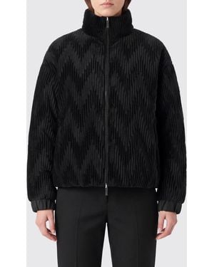 Emporio Armani Cropped Padded Bomber Jacket With Pleated Chevron Pattern - Black