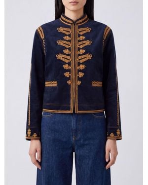 Isabel Marant Giacca Di Jeans Emalia Con Collo Alto E Ricami Etnici - Blu