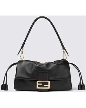 Fendi Medium Baguette Lambskin Nappa Shoulder Bag With Drawstring - Black