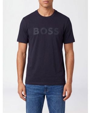 BOSS Crew-Neck Cotton T-Shirt With Tone-On-Tone Logo - Blue