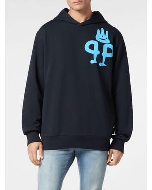 Philipp Plein Contrast Logo Cotton Hoodie With Kangaroo Pocket And Dropped Shoulders - Blue