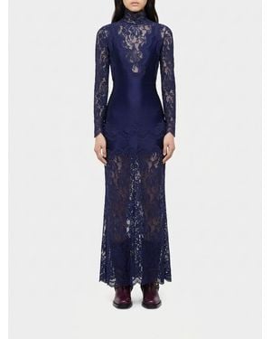 Rabanne Long-Sleeved Satin And Lace High-Neck Gown With Bow Detail - Blue
