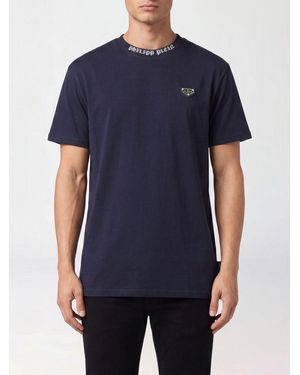 Philipp Plein Cotton T-Shirt With Metal Logo Plaque Applied To The Chest - Blue