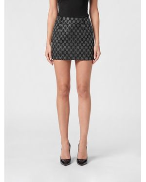 Philipp Plein Jersey Pencil Mini Skirt With Hexagon Rhinestone Logo - Black
