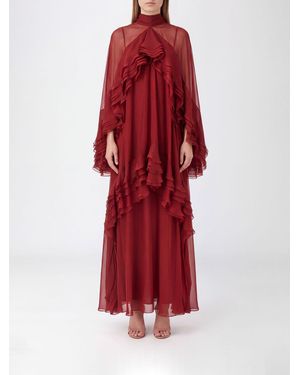 Alberta Ferretti Long Silk Evening Gown With High Neck And Ruffles - Red