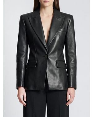 Balmain Slim Fit Cropped Lambskin Leather Blazer With Peak Lapels - Black