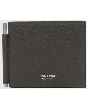 Tom Ford Bifold Leather Wallet With Money Clip And Eight Card Slots - Grey