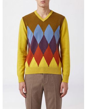 Ballantyne Argyle Pattern Pure Cashmere V-Neck Sweater - Blue