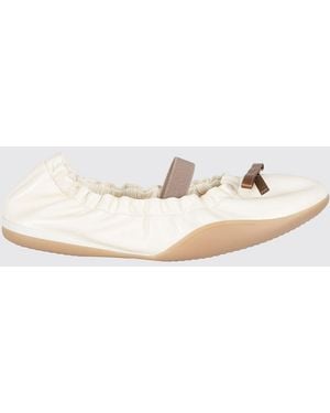 3Juin Ruched Leather Ballerinas With Bow - Natural