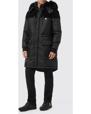 Billionaire Parka De Nailon Acolchada Hasta La Rodilla Con Capucha Y Cuello De Pelo - Negro