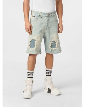 Philipp Plein Five-Pocket Distressed Denim Shorts With Worn-Out Effect - Gray