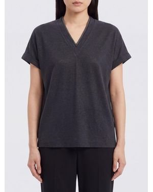 Brunello Cucinelli Cotton V-Neck T-Shirt With Monili Embellishment - Blue