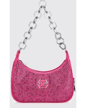 Philipp Plein Grained Leather Shoulder Bag With Crystals And Hexagon Logo - Pink