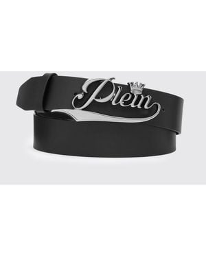 Philipp Plein Calfskin Leather Belt With Metallic Logo Plaque - Black