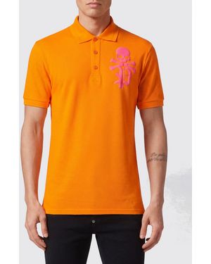 Philipp Plein Short-Sleeve Cotton Polo Shirt With Skull Print And Logo - Orange