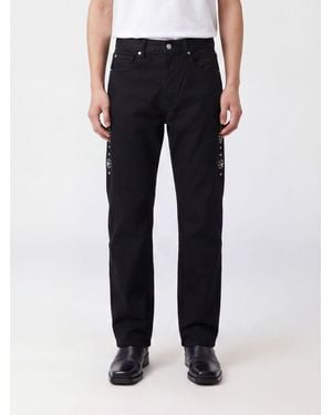 HTC Straight Fit Studded And Embroidered Cotton Denim Jeans - Blue