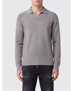 DIESEL Polo En Maille À Manches Longues En Coton Avec Col V Et Logo Oval D - Gris
