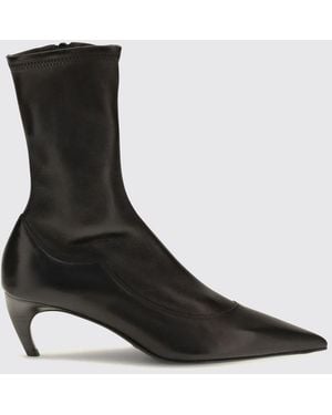 KHAITE Smooth Leather Ankle Boots With Curved Heel And Side Zip - Black