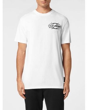 Philipp Plein Slim Fit Cotton T-Shirt With Contrast Logo And Dropped Shoulders - White