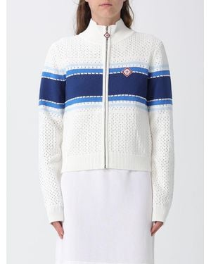 CASABLANCA Striped Perforated Knit Zip-Up Sweatshirt With High Neck - Blue