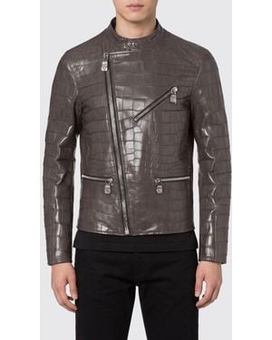 Billionaire Slim Fit Crocodile Leather Biker Jacket With High Collar - Gray