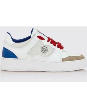 Philipp Plein Bicolour Leather And Suede Low-Top Trainers With Hexagon Logo - White