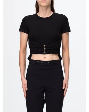 Elisabetta Franchi Cropped Cotton T-Shirt With Metal Logo Plaque - Black