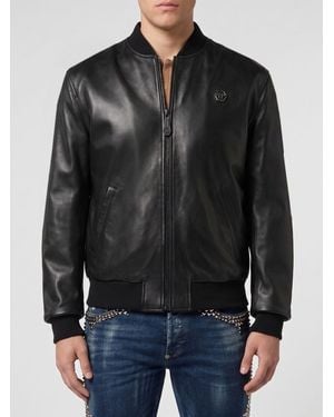 Philipp Plein Smooth Leather Bomber Jacket With Embroidered Hexagon Logo - Black