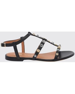 Via Roma 15 Flat T-Strap Smooth Calfskin Leather Sandals With Stud Application - Black