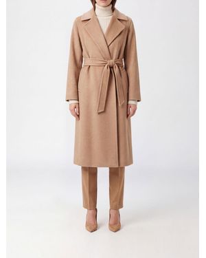 Max Mara Knee-Length Wool Robe Coat With Belt - Natural