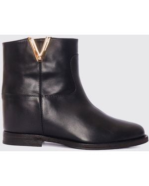 Via Roma 15 Smooth Calfskin Ankle Boots With Low Heel And Round Toe - Black