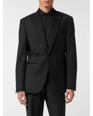 Philipp Plein Blazer De Mezcla De Lana De Botonadura Sencilla Con Cristales Y Solapas De Pico - Negro